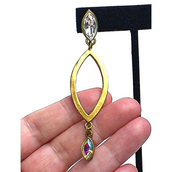 Avant Garde Paris Brass Leaf Dangle Earrings Aurora Borealis & Clear Crystals - Picture 3 of 7